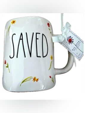 Rae Dunn White 'SAVED' Floral Ceramic Mug